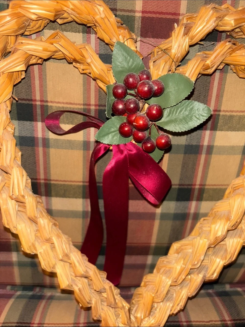 Heart-Shaped Woven Straw Holiday Wreath with Red Berry Accent 12 inches